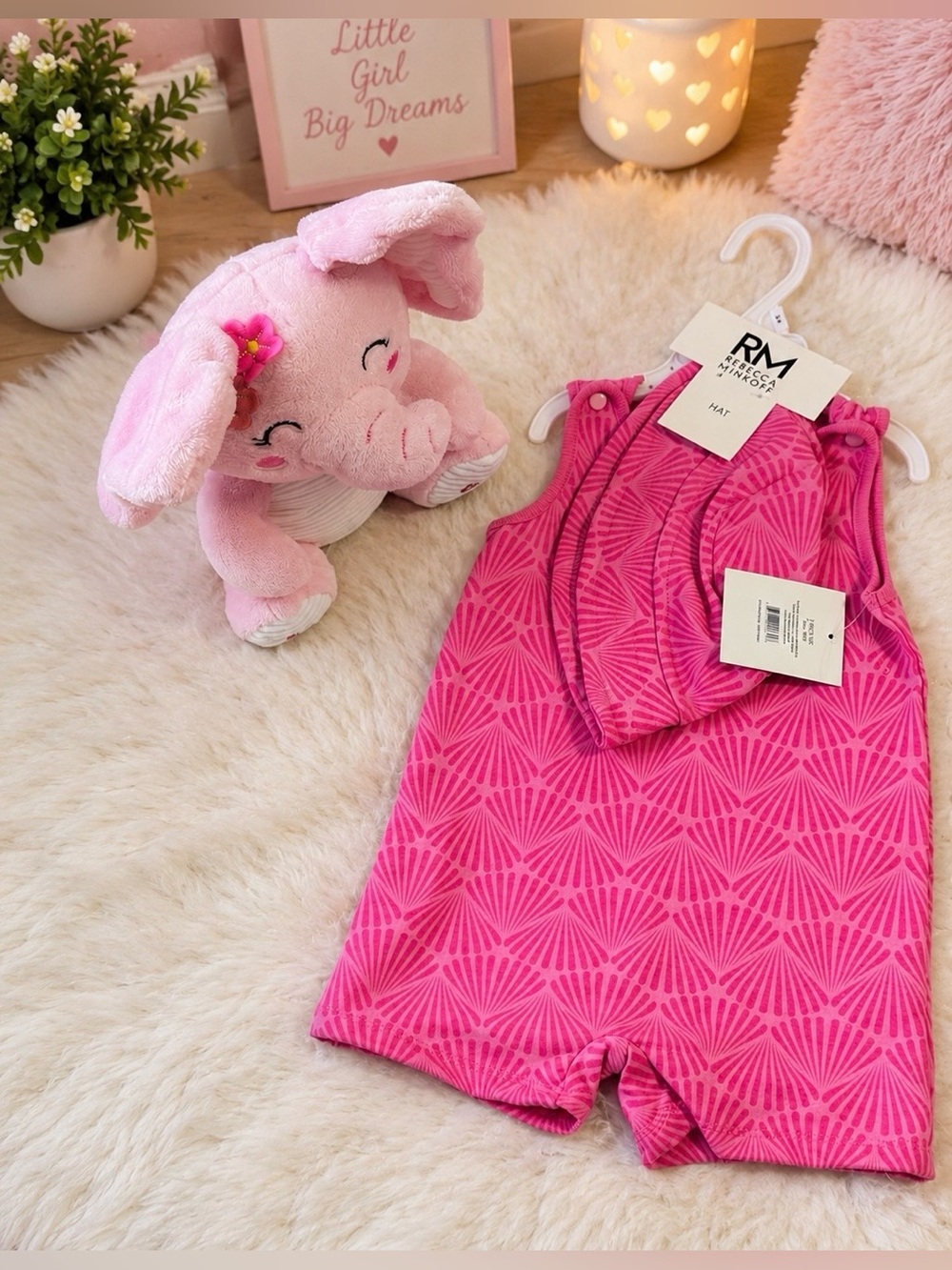 Rebecca Minkoff Pink Patterned Kids Romper with Matching Hat